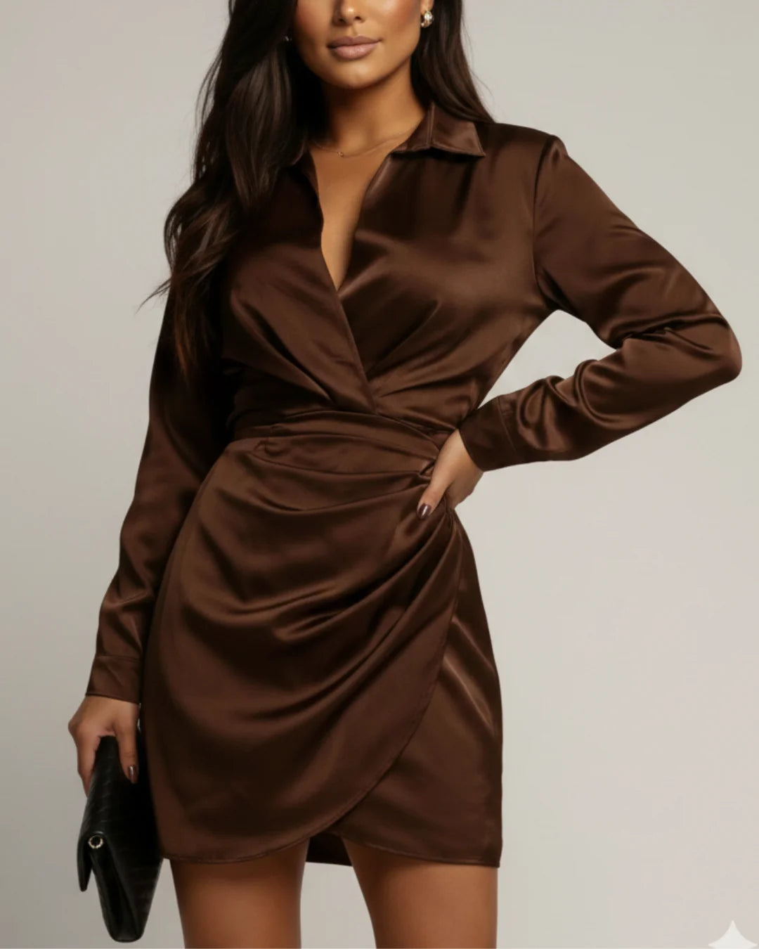 Women's Wrap Mini Dress with Collared Neckline & Long Sleeves