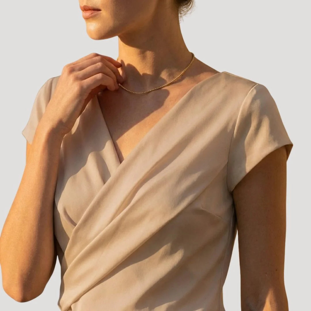 Khaki Women's Wrap V-Neck Blouse with Draped Front & Cap Sleeves — Natalia - Close Up Neckline
