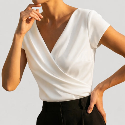 White Women's Wrap V-Neck Blouse with Draped Front & Cap Sleeves — Natalia - Side Pose