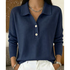 Dark Blue Women's Polo Collar Sweater with Button-Front Placket & Relaxed Fit