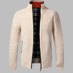 Beige Men's Zip Cardigan with Stand Collar & Ribbed Hem