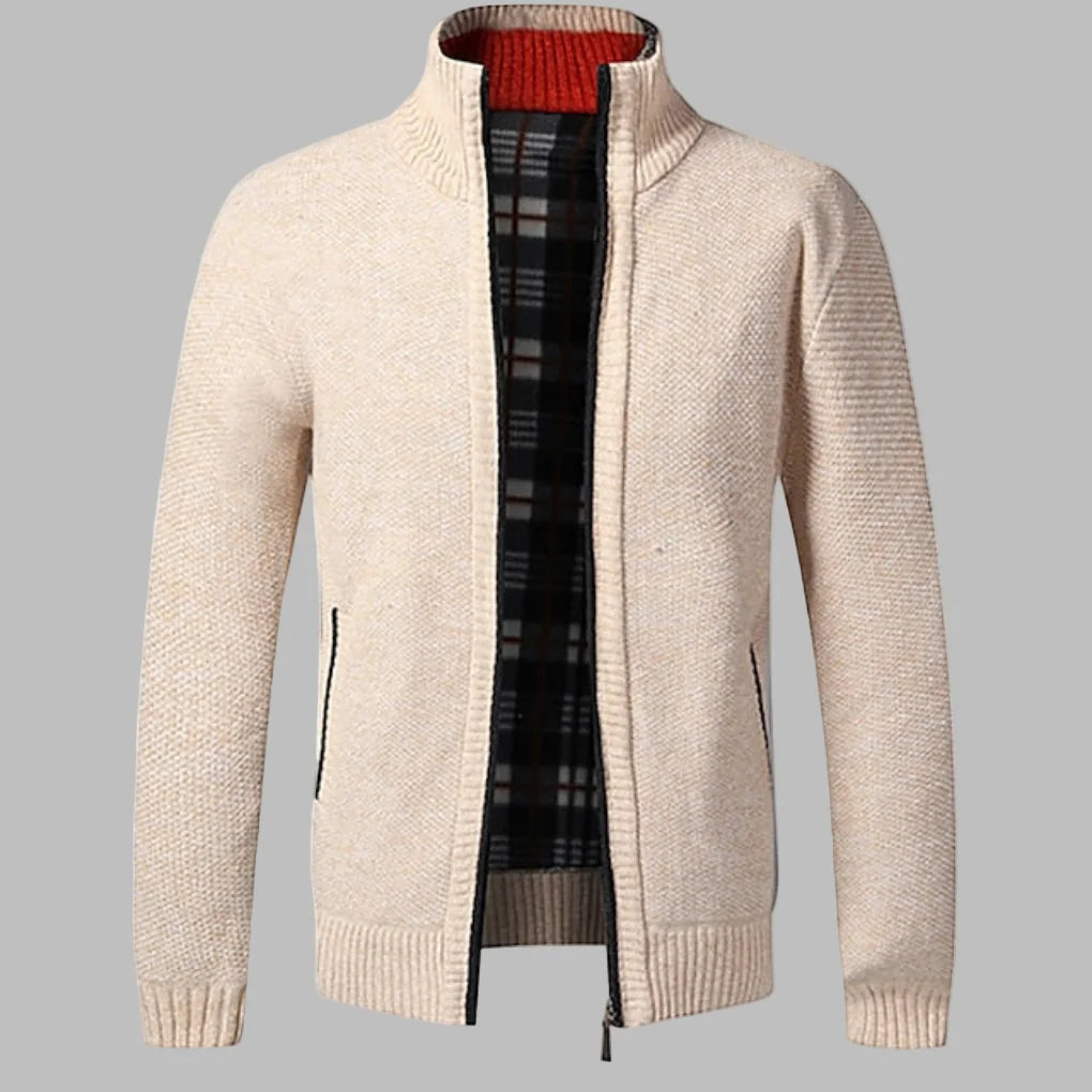 Beige Men's Zip Cardigan with Stand Collar & Ribbed Hem