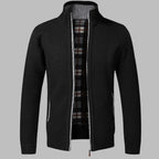 Black Men's Zip Cardigan with Stand Collar & Ribbed Hem