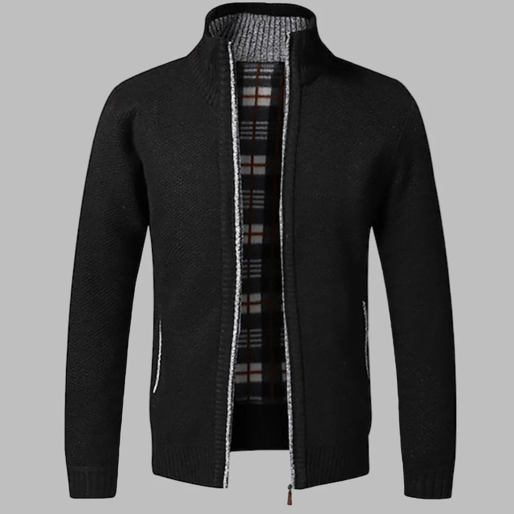 Black Men's Zip Cardigan with Stand Collar & Ribbed Hem