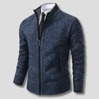 Blue Men's Zip Cardigan with Stand Collar & Ribbed Hem