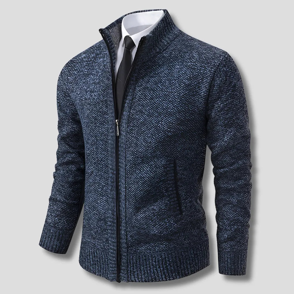 Blue Men's Zip Cardigan with Stand Collar & Ribbed Hem