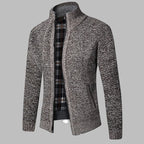 Coffee Men's Zip Cardigan with Stand Collar & Ribbed Hem