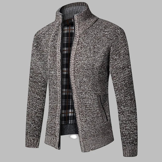 Coffee Men's Zip Cardigan with Stand Collar & Ribbed Hem