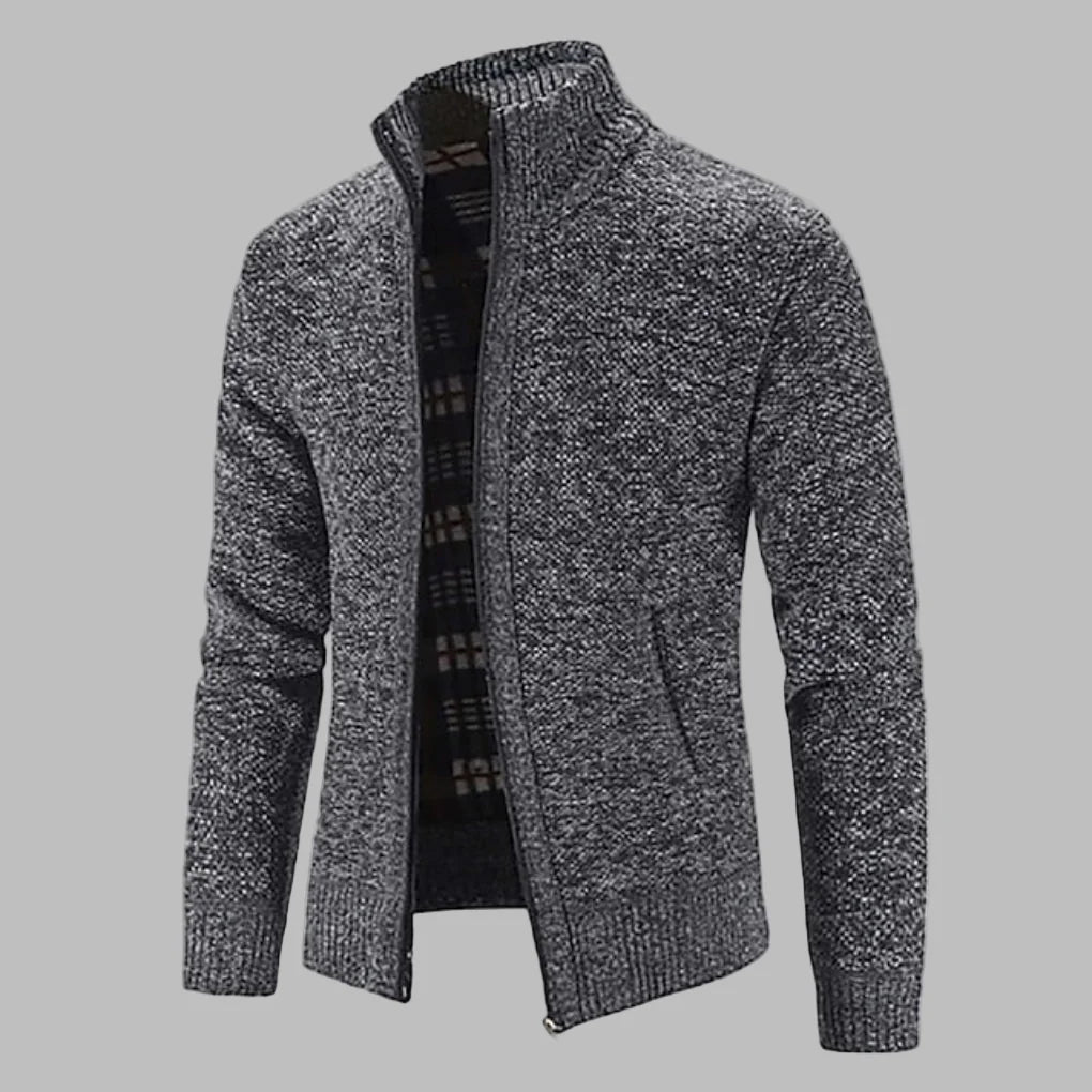 Dark Grey Men's Zip Cardigan with Stand Collar & Ribbed Hem