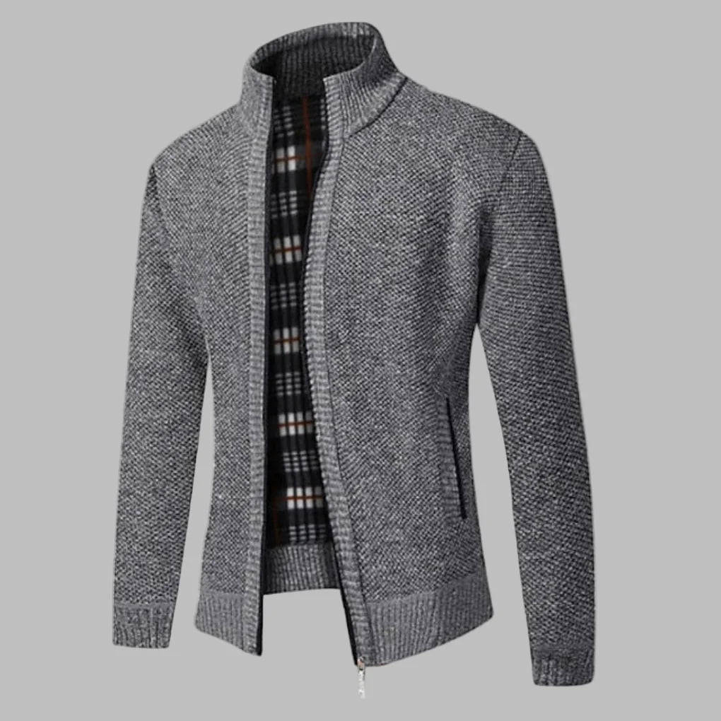 Light Grey Men's Zip Cardigan with Stand Collar & Ribbed Hem