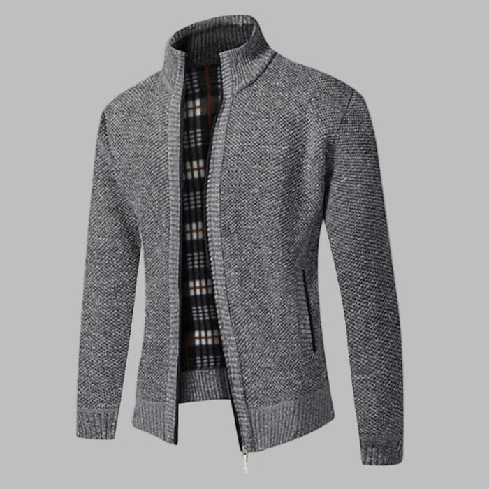 Light Grey Men's Zip Cardigan with Stand Collar & Ribbed Hem