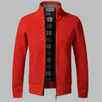 Red Men's Zip Cardigan with Stand Collar & Ribbed Hem