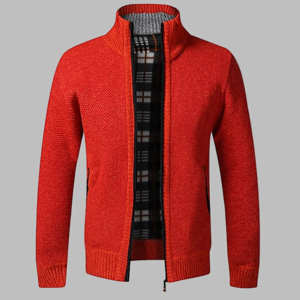 Red Men's Zip Cardigan with Stand Collar & Ribbed Hem