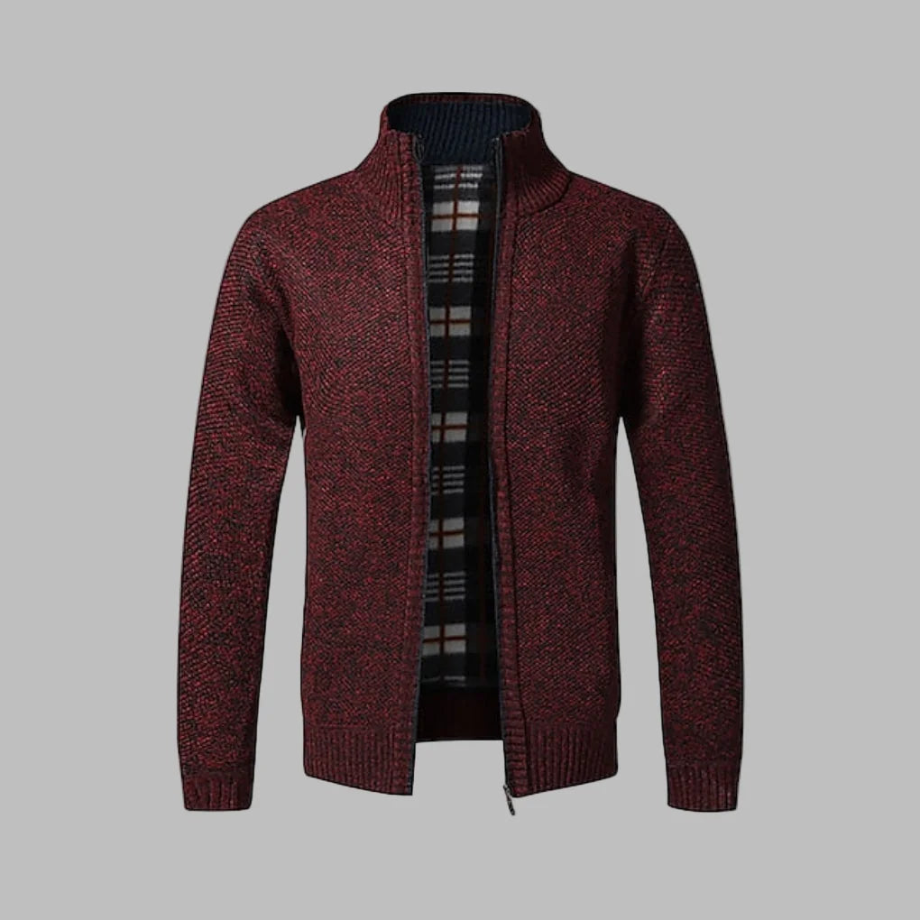 Wine Men's Zip Cardigan with Stand Collar & Ribbed Hem