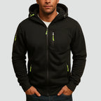 Black Men's Zip Hoodie with Adjustable Hood & Multi-Pocket Design