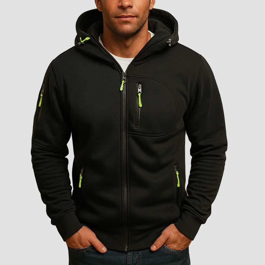 Black Men's Zip Hoodie with Adjustable Hood & Multi-Pocket Design