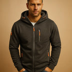 Dark Grey Men's Zip Hoodie with Adjustable Hood & Multi-Pocket Design - Front Portrait