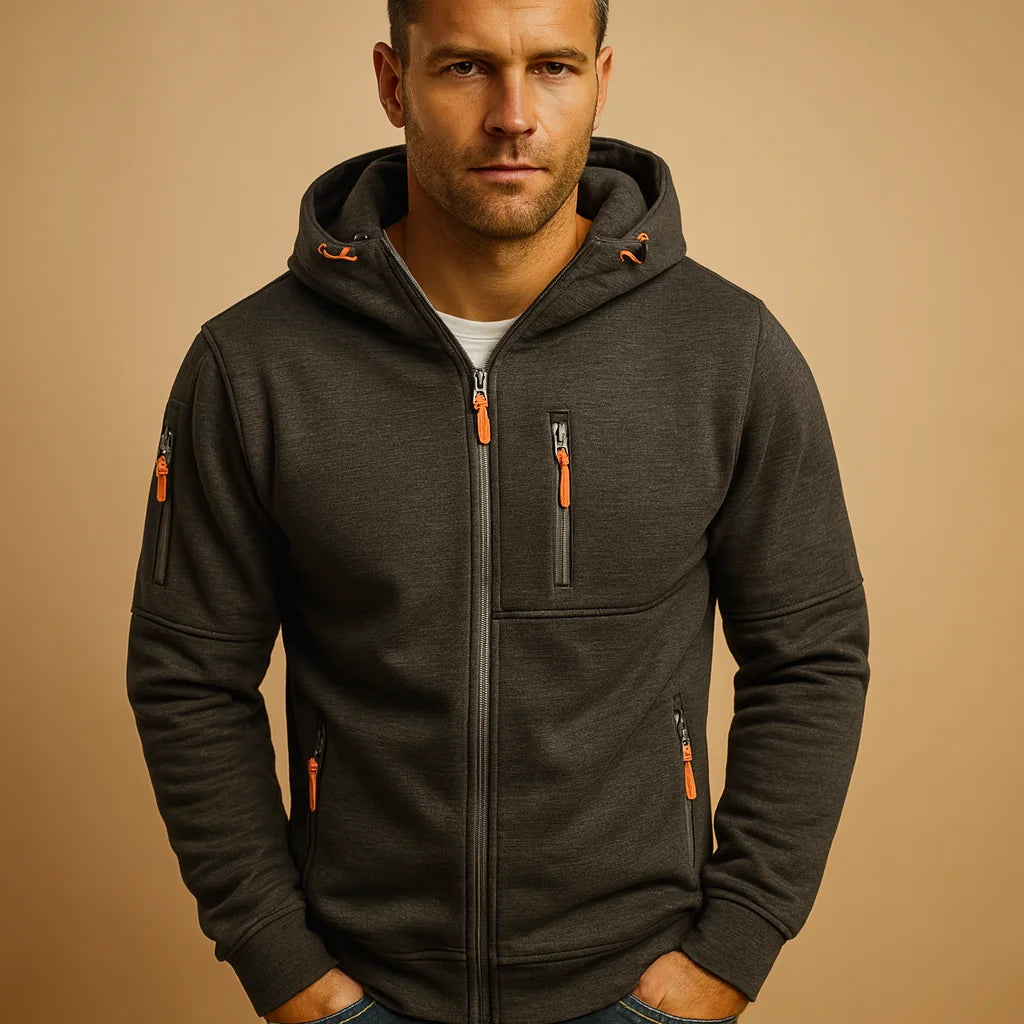 Dark Grey Men's Zip Hoodie with Adjustable Hood & Multi-Pocket Design - Front Portrait