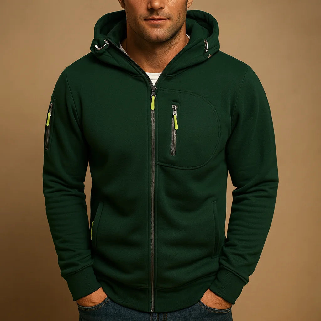 Green Men's Zip Hoodie with Adjustable Hood & Multi-Pocket Design