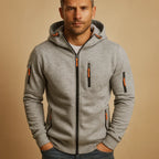 Light Grey Men's Zip Hoodie with Adjustable Hood & Multi-Pocket Design - Front Detail