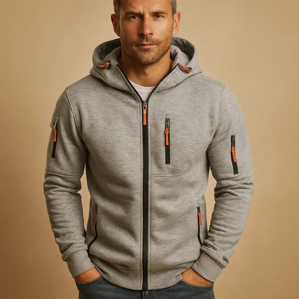Light Grey Men's Zip Hoodie with Adjustable Hood & Multi-Pocket Design - Front Detail