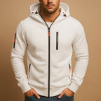 White Men's Zip Hoodie with Adjustable Hood & Multi-Pocket Design