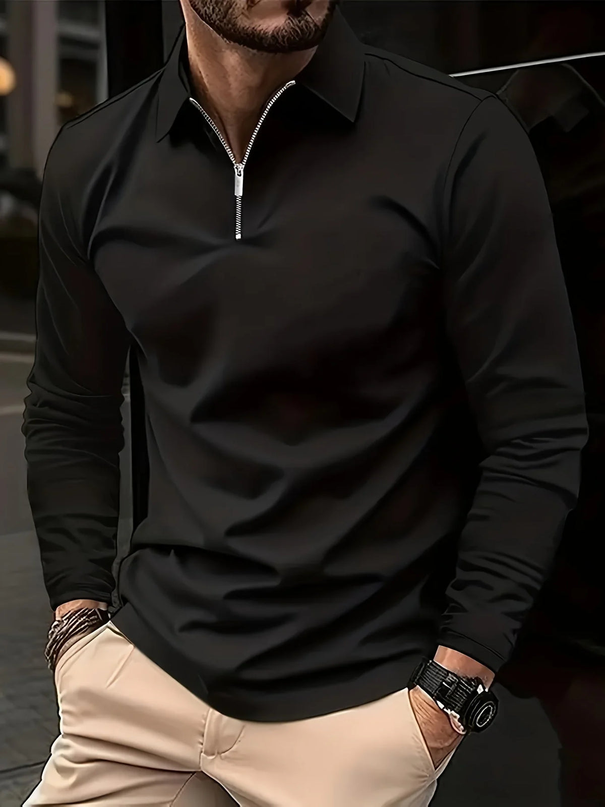 Black Men's Long Sleeve Polo with Zip Neck & Classic Collar