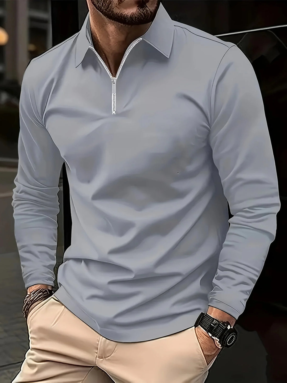 Grey Men's Long Sleeve Polo with Zip Neck & Classic Collar