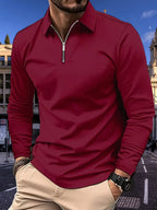 Red Men's Long Sleeve Polo with Zip Neck & Classic Collar