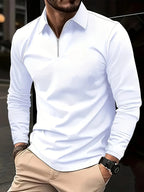 White Men's Long Sleeve Polo with Zip Neck & Classic Collar